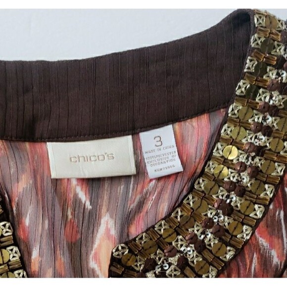Chico's Chiffon Sequin Collar 3/4 Sleeve Sheer Blouse Orange Geo Women's 3 (XL) - Picture 6 of 8